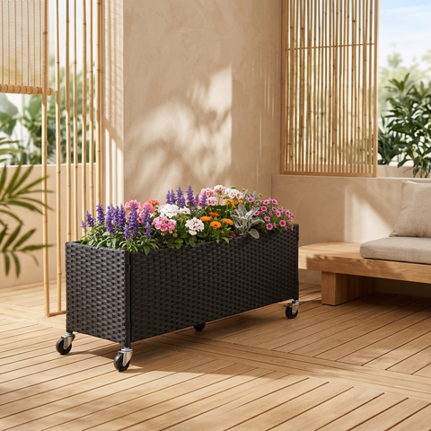 Raised Garden Bed with Wheels - PE Rattan Planter Box