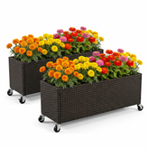 Raised Garden Bed Set of 2 with Wheels and PE Rattan