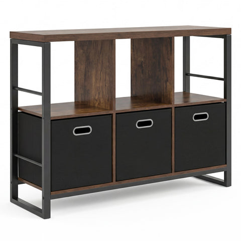6-Cube Industrial Bookshelf with Storage Bins & Metal Frame