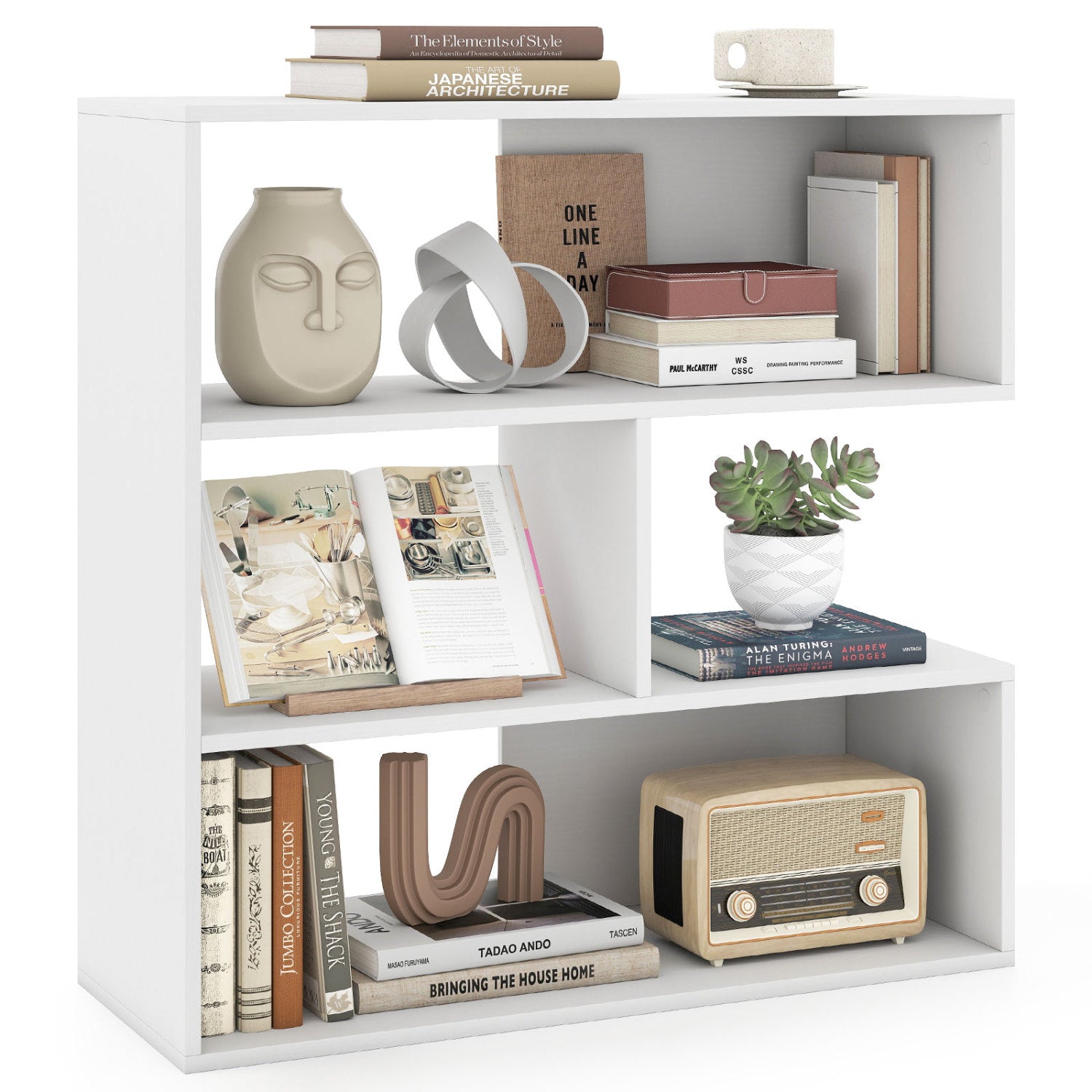 Concave Bookshelf with 3 Open Shelves and Anti-Tip Device