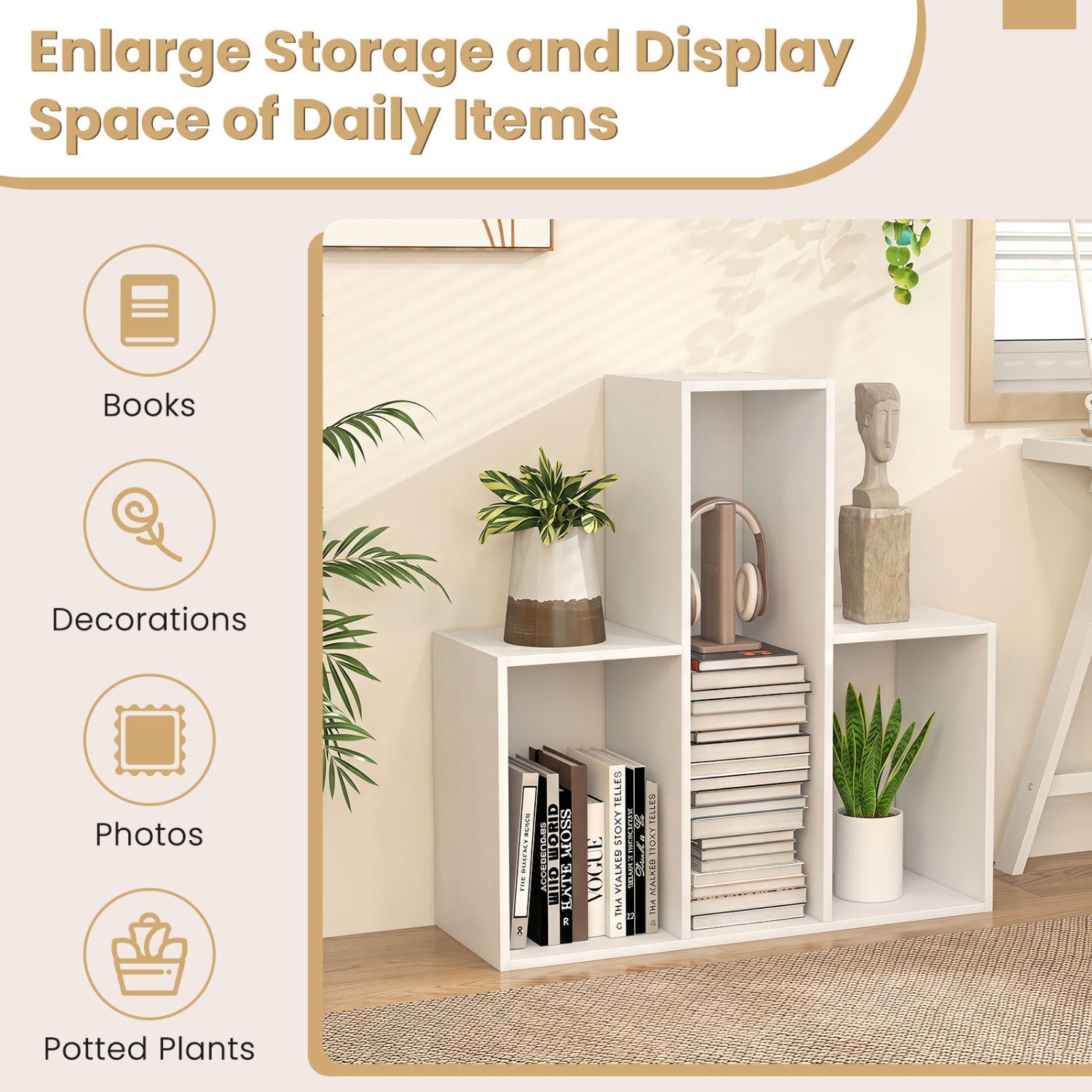 Convex Bookshelf with 3 Open Shelves and Anti-Tip Device