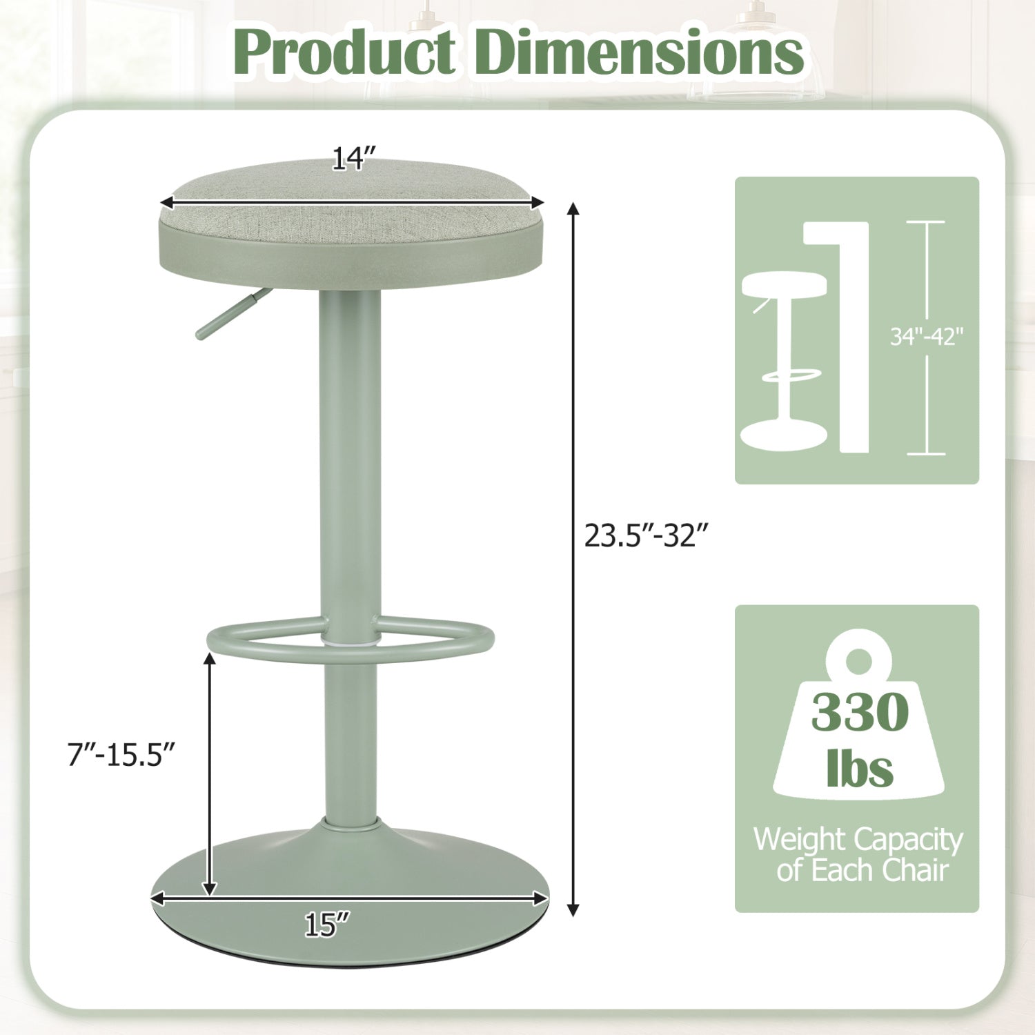 Adjustable Swivel Bar Stools Set of 4 with Padded Seats