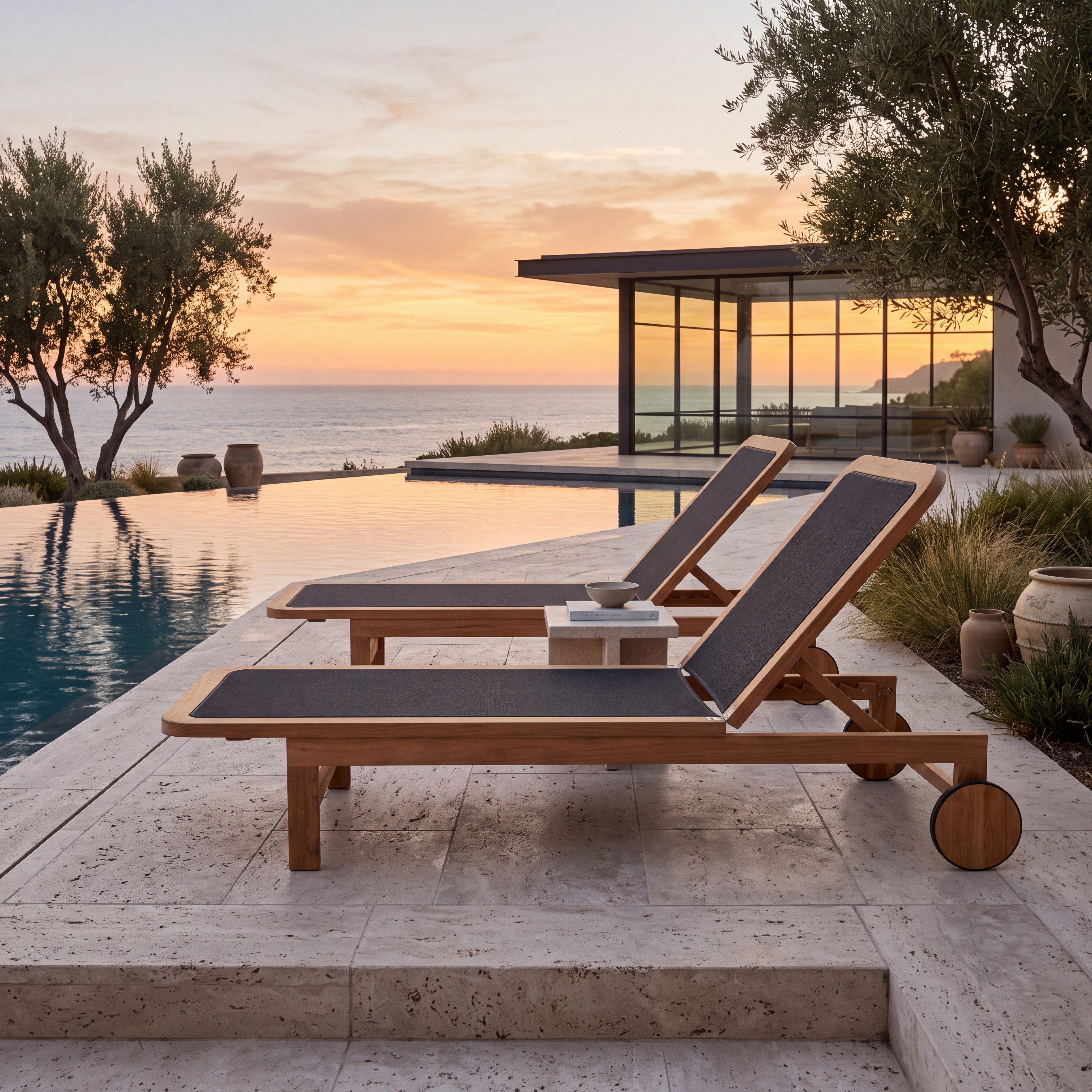 Santorini Curved Teak A-Grade and Mesh Sun Lounger (Black)