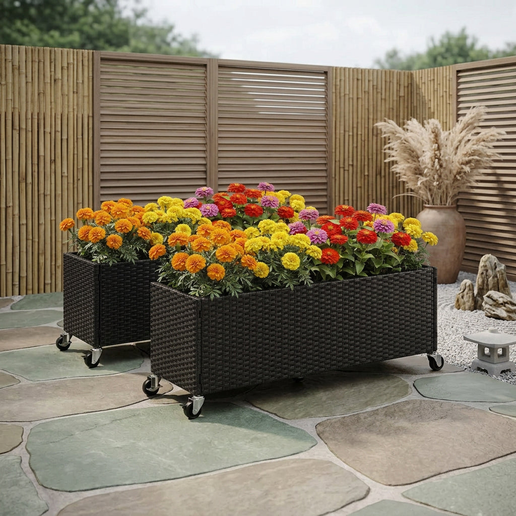 Raised Garden Bed Set of 2 with Wheels and PE Rattan