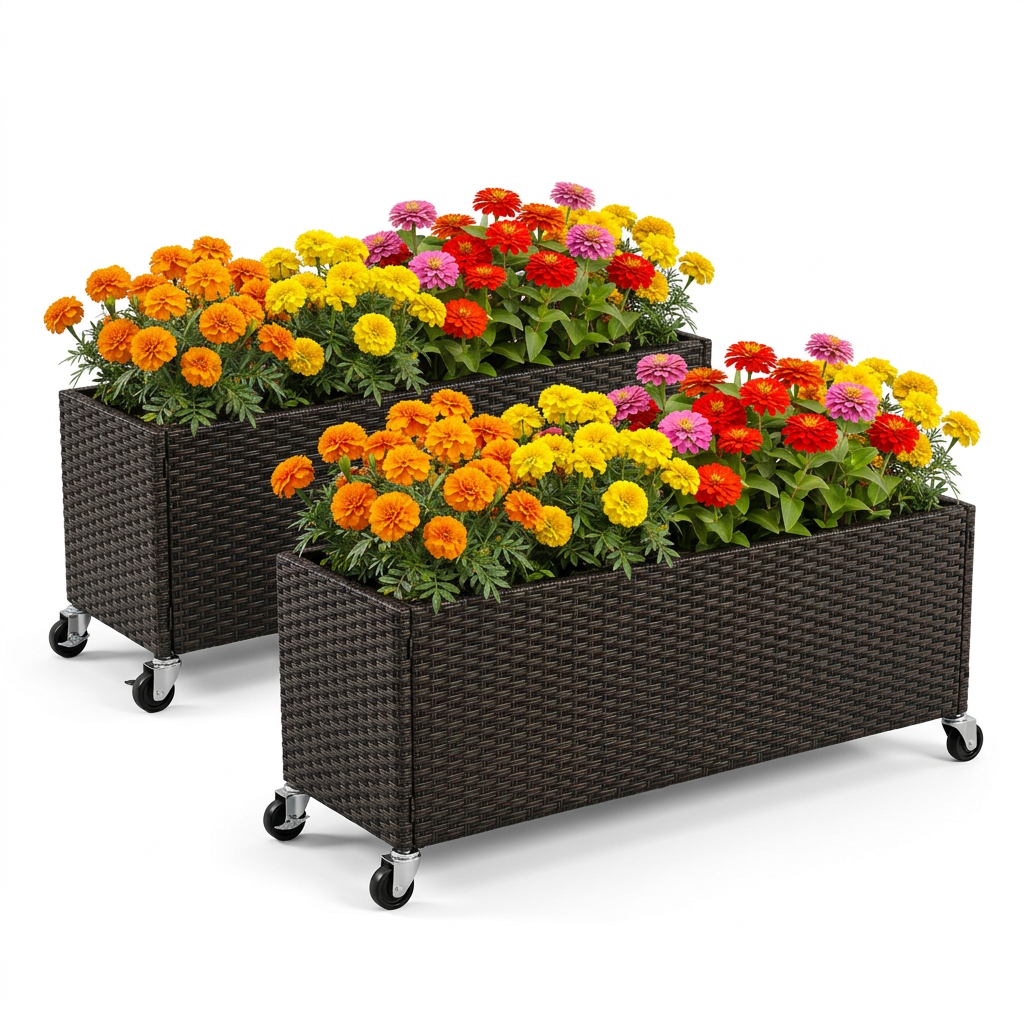 Raised Garden Bed Set of 2 with Wheels and PE Rattan