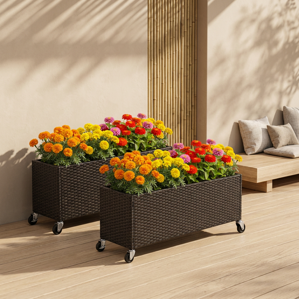 Raised Garden Bed Set of 2 with Wheels and PE Rattan